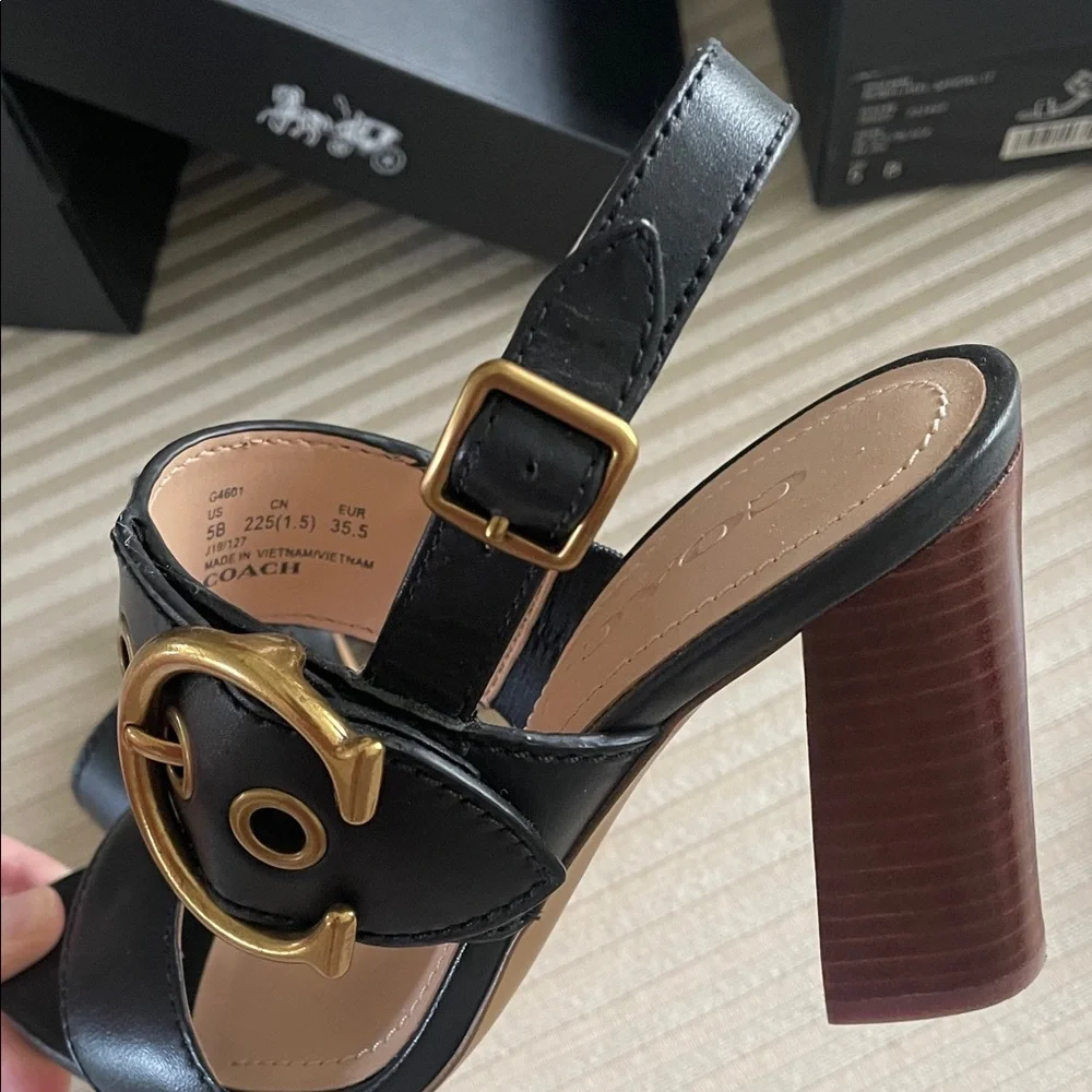 COACH Black Leather Sandal Gold Buckle Robin